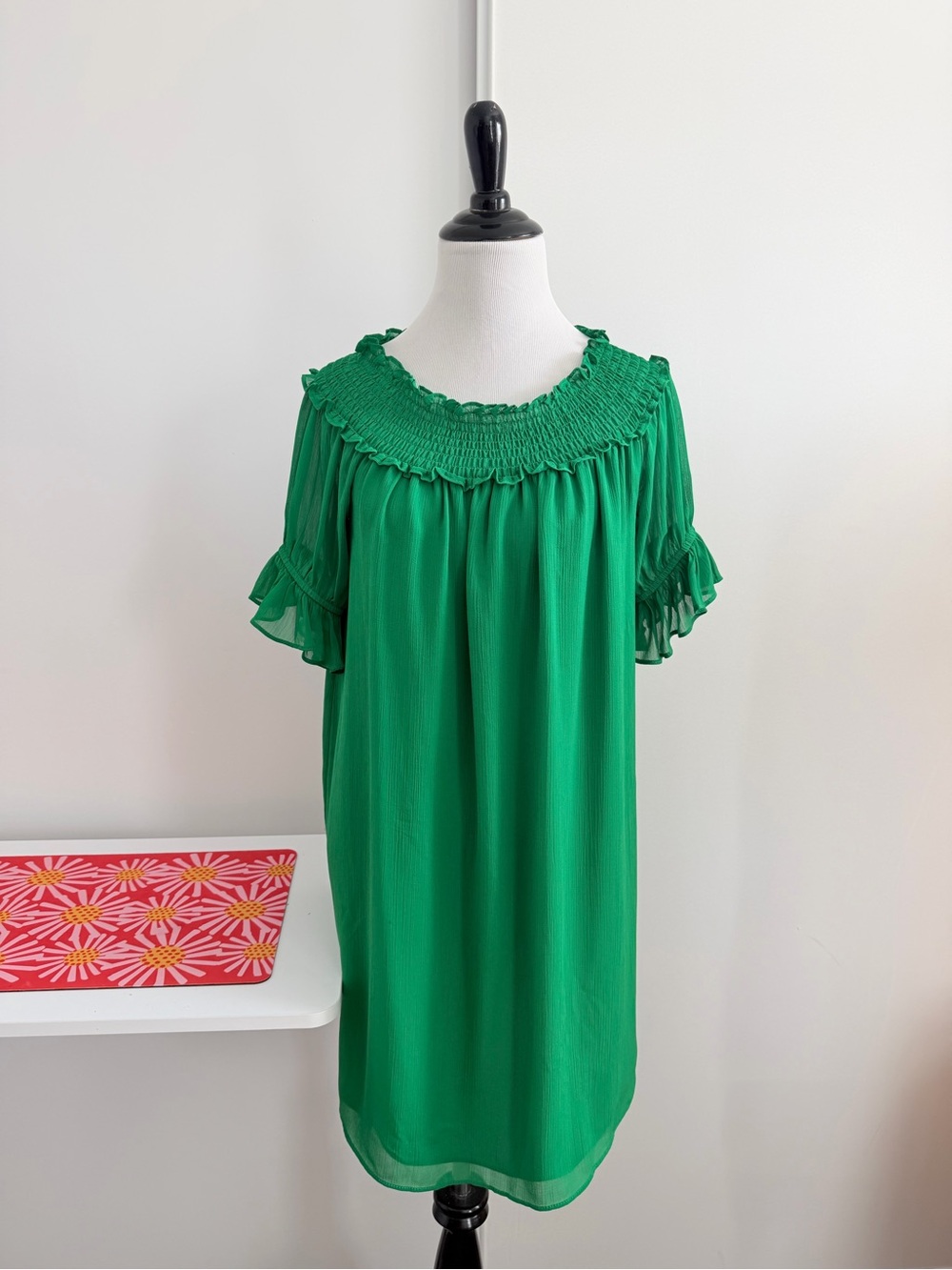 CeCe Emerald Green Midi Dress with Smocked Neckline